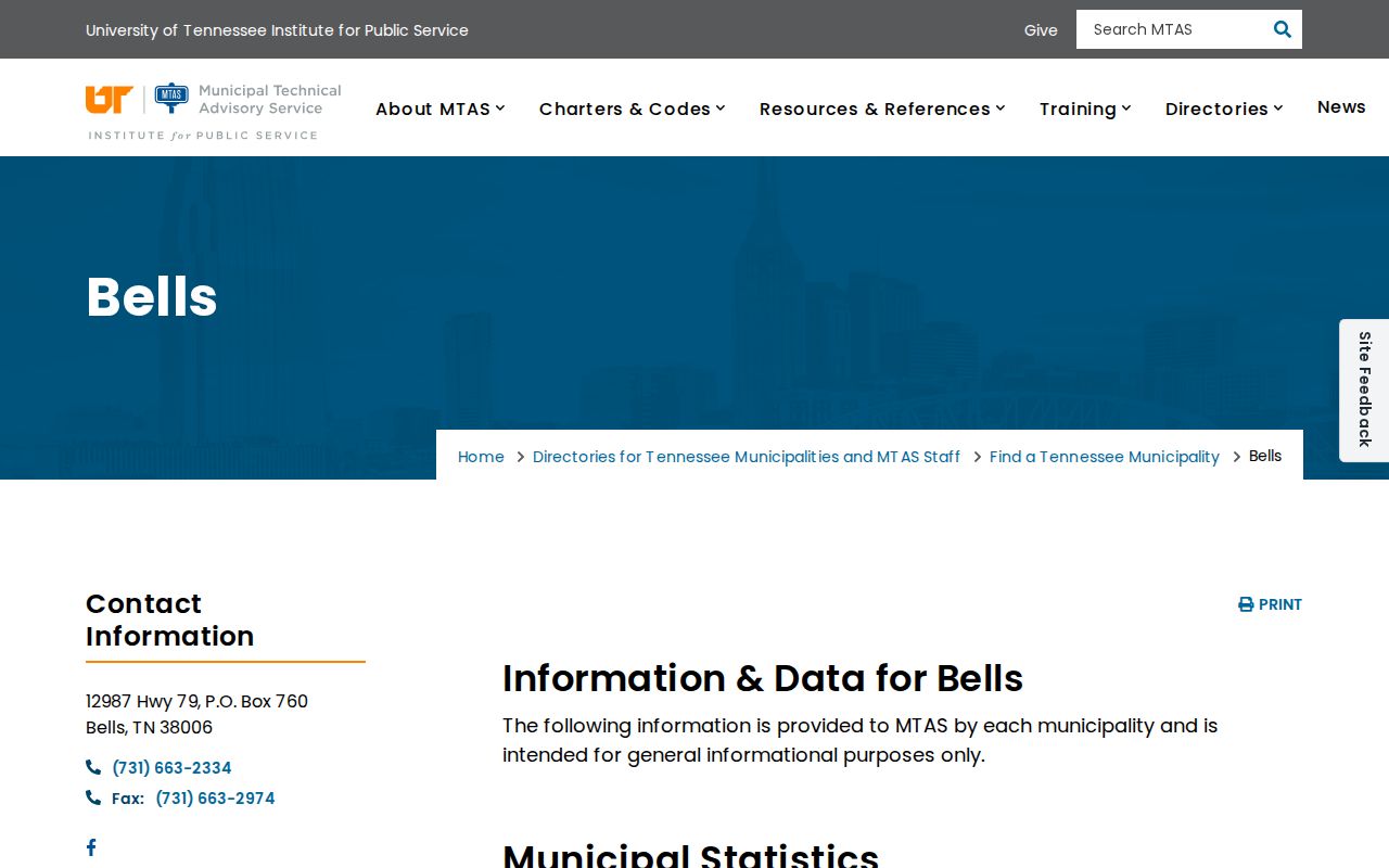 Bells criminal records contacts in the official Tennessee municipal profile