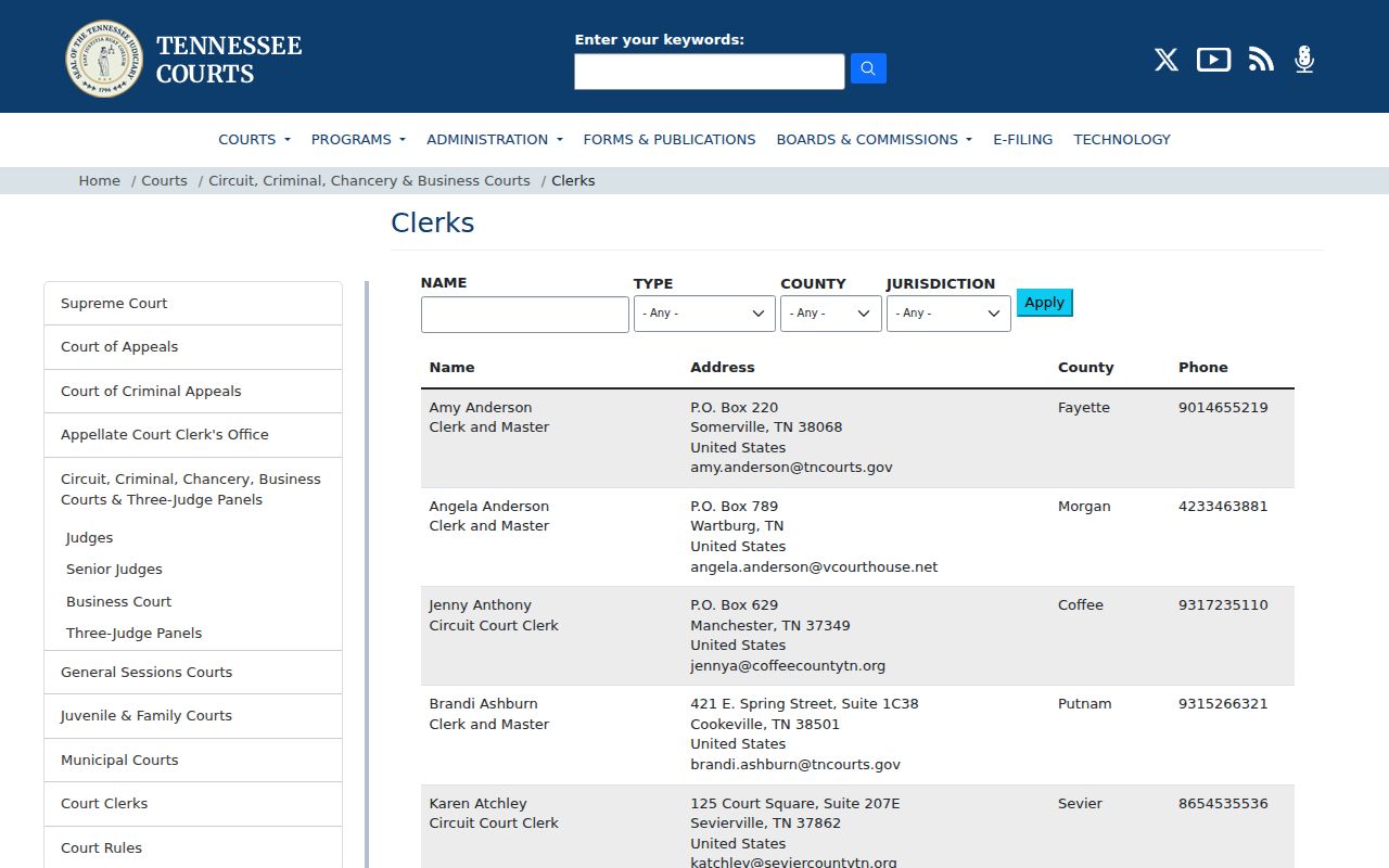 Crockett County criminal court case clerk directory