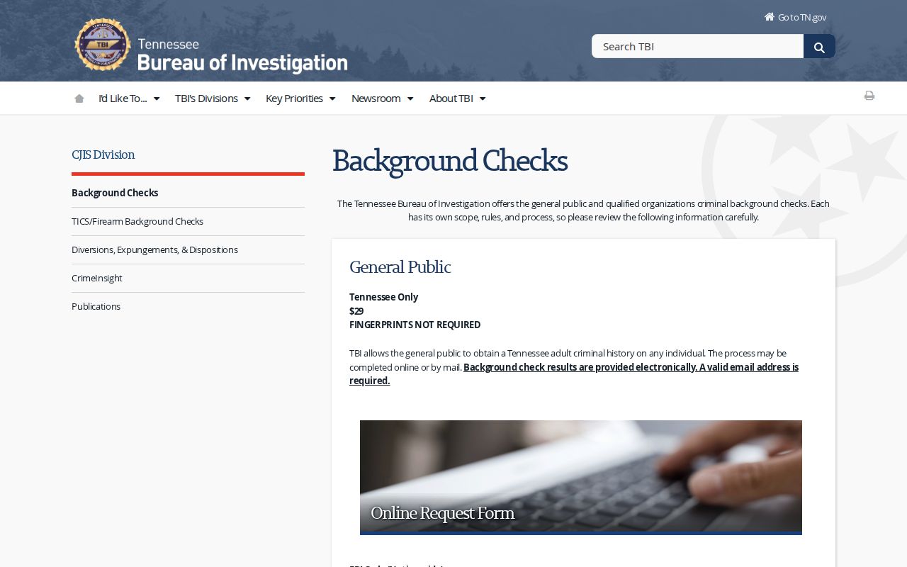 TBI background check channels for Crockett County criminal history