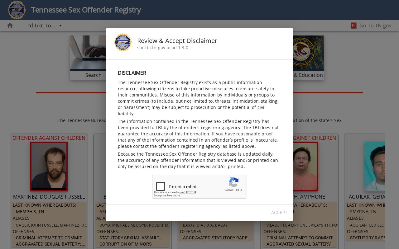 Crockett County sex offender search on the Tennessee TBI registry