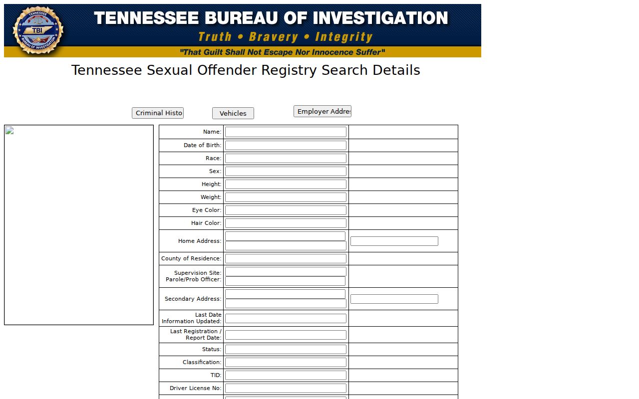 Crockett County sex offender registry profile fields on the TBI site